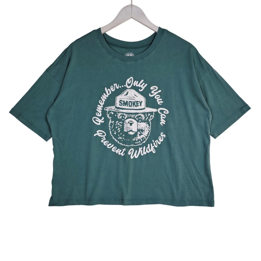 Smokey Bear Graphic T-Shirt Teal Green Boxy Crop Top JT24869 L 11/13